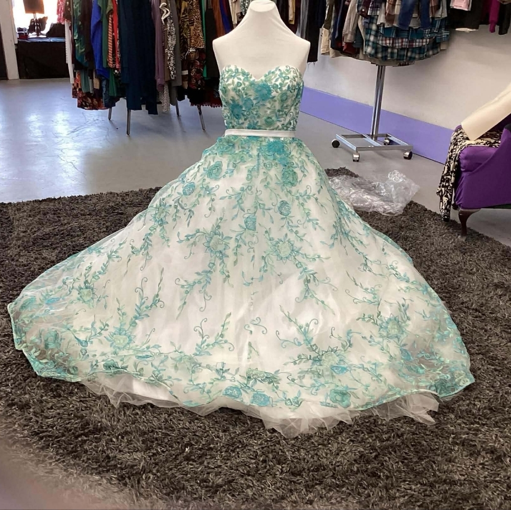 Strapless White and Blue Floral Gown
